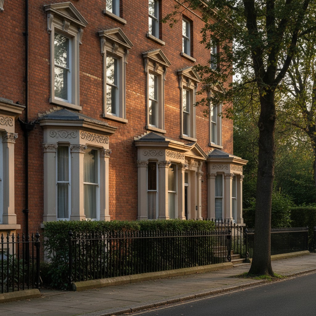 A red brick row housing with ornate details on the front of the buildings.
